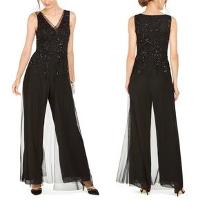 Adrianna Papell Georgette Beaded Wide Leg Sleeveless Jumpsuit In Black